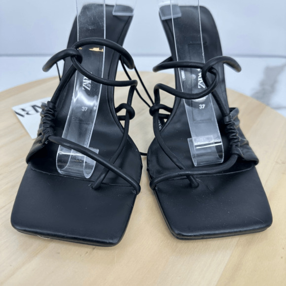 Zara Womens Leather Asymmetrical Heeled Sandals Size 7 Minimalist - Picture 7 of 14